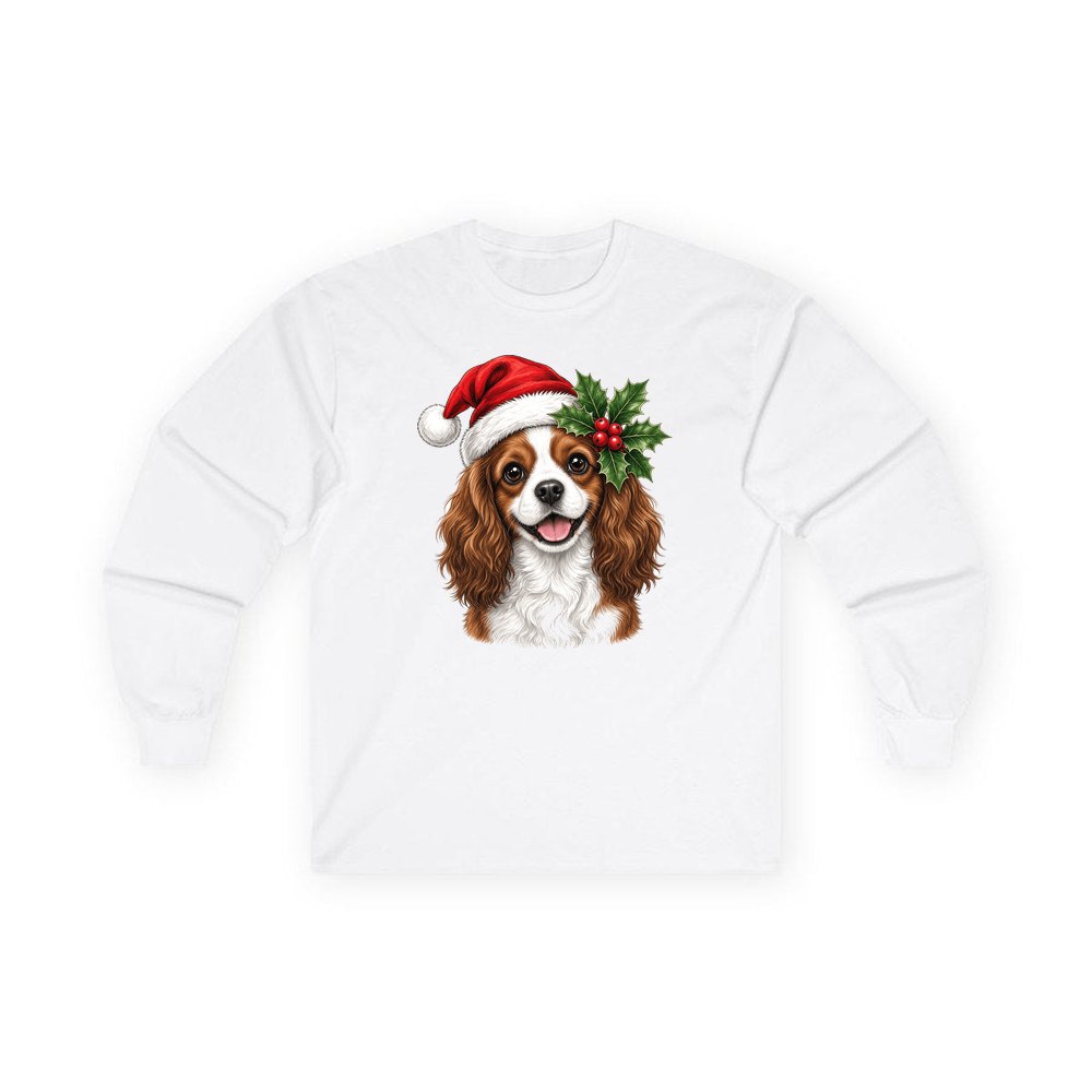 Cavalier King Charles Spaniel personalised long sleeve Christmas T-shirt in white