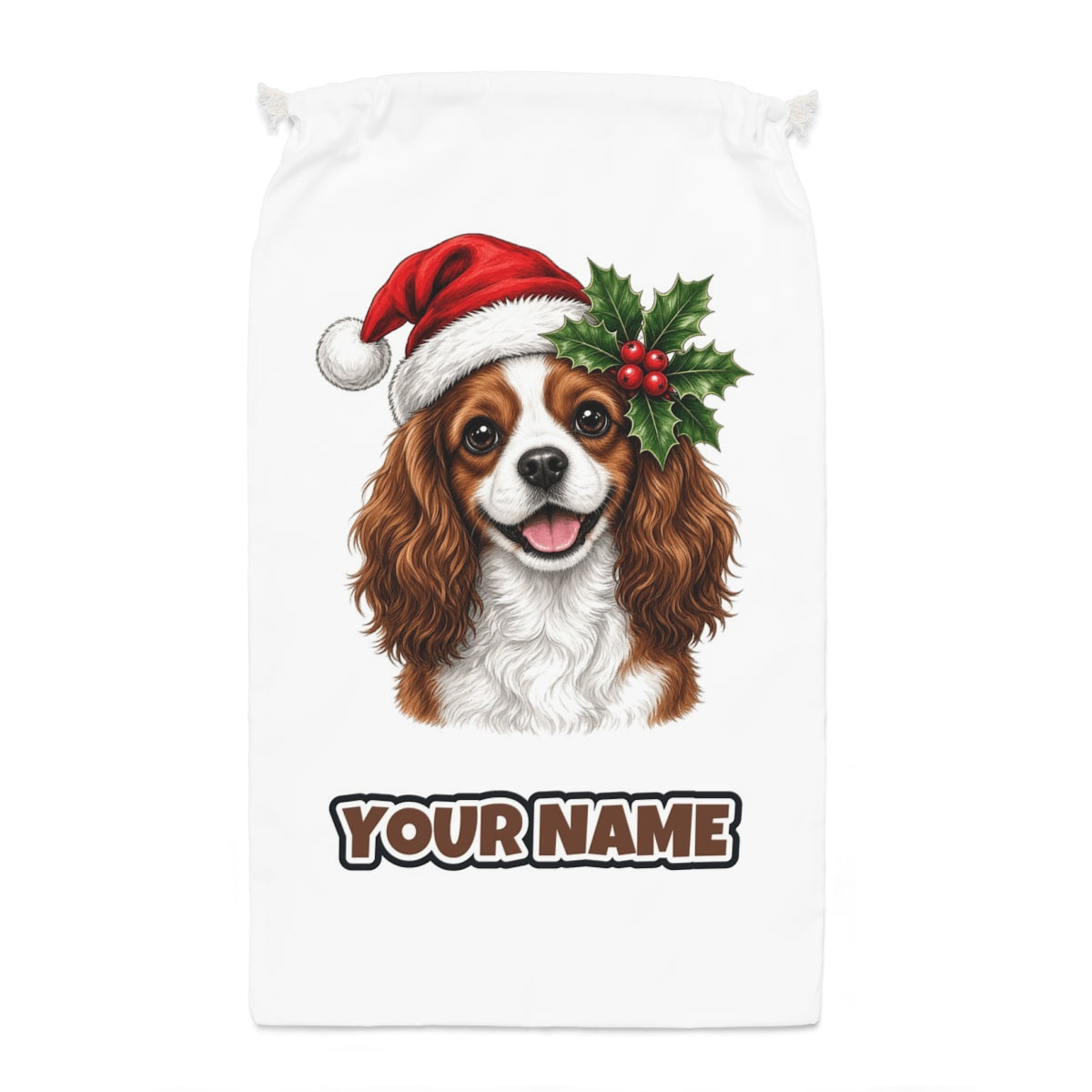 Cavalier King Charles Spaniel Santa sack laid flat, showing the full print