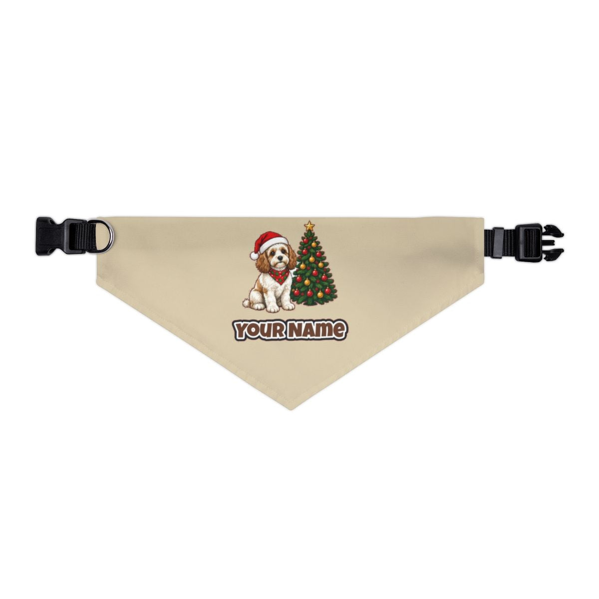 Cavoodle personalised Christmas pet bandana in beige, collar with buckle