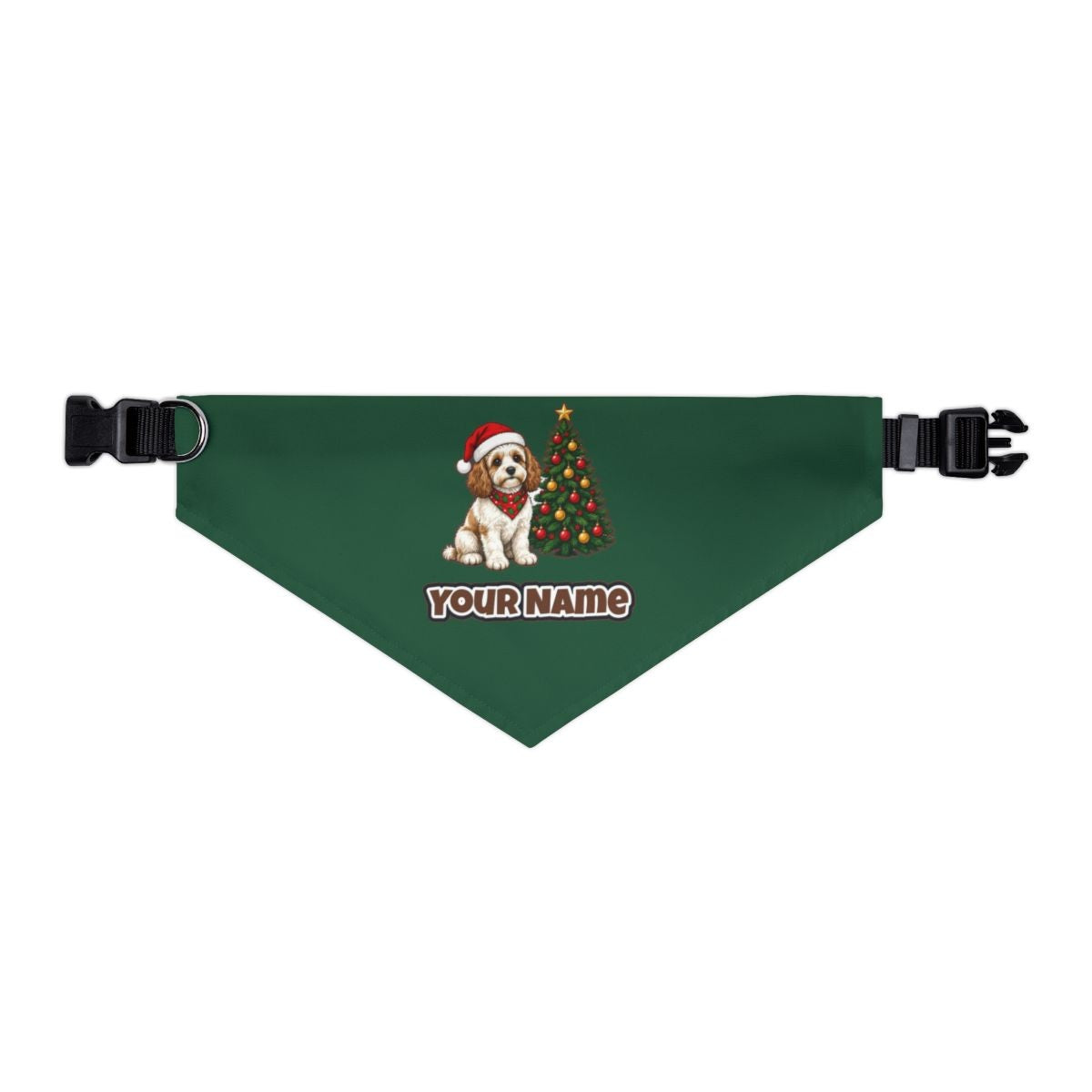 Cavoodle personalised Christmas pet bandana in green, collar with buckle