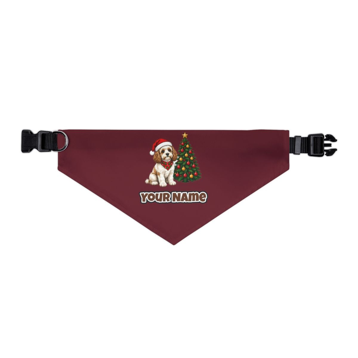 Cavoodle personalised Christmas pet bandana in maroon, collar with buckle