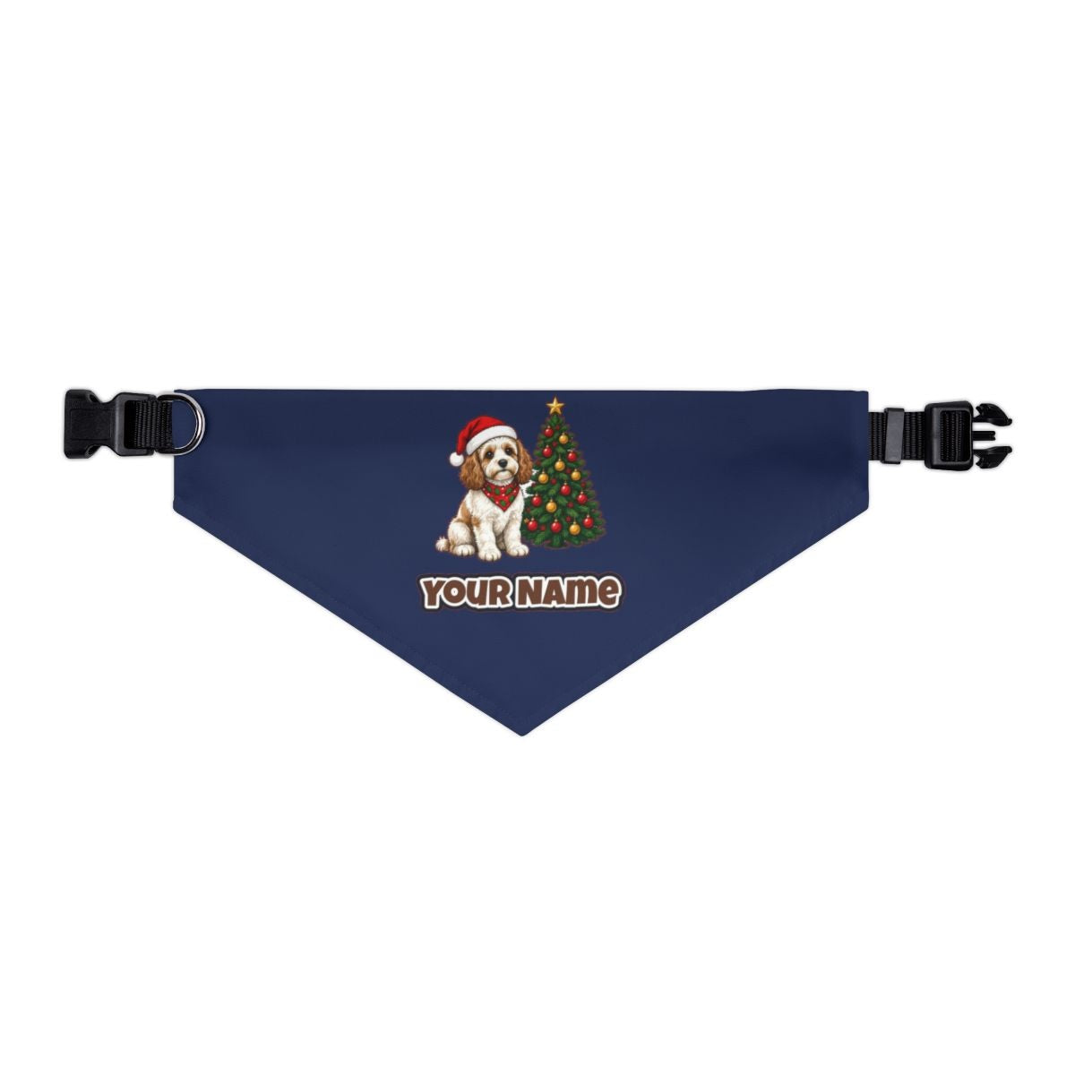 Cavoodle personalised Christmas pet bandana in navy, collar with buckle