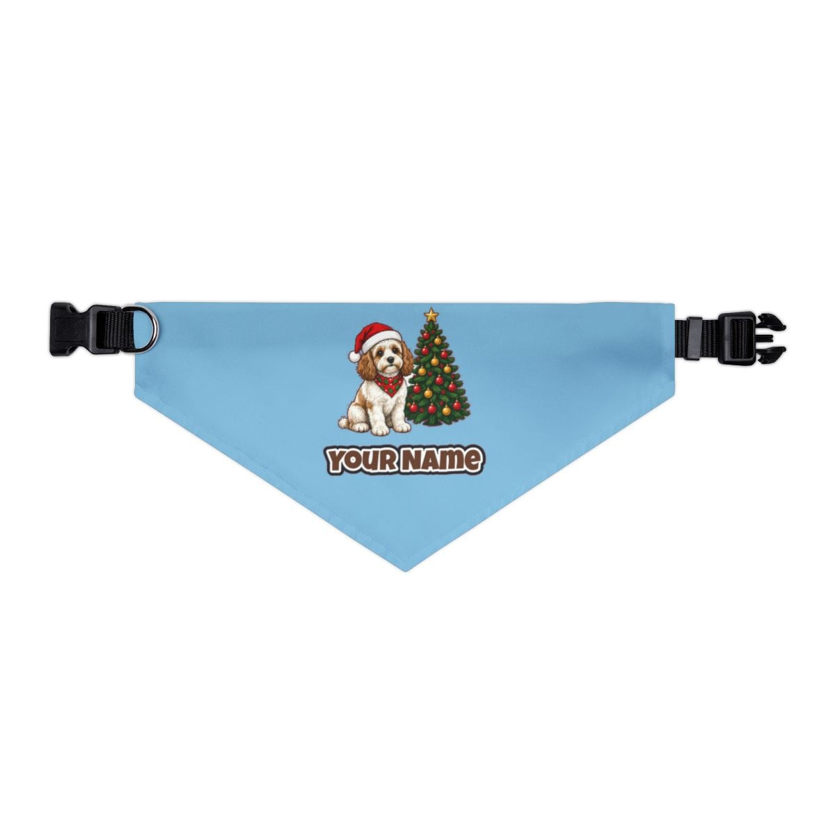 Cavoodle personalised Christmas pet bandana in sky blue, collar with buckle