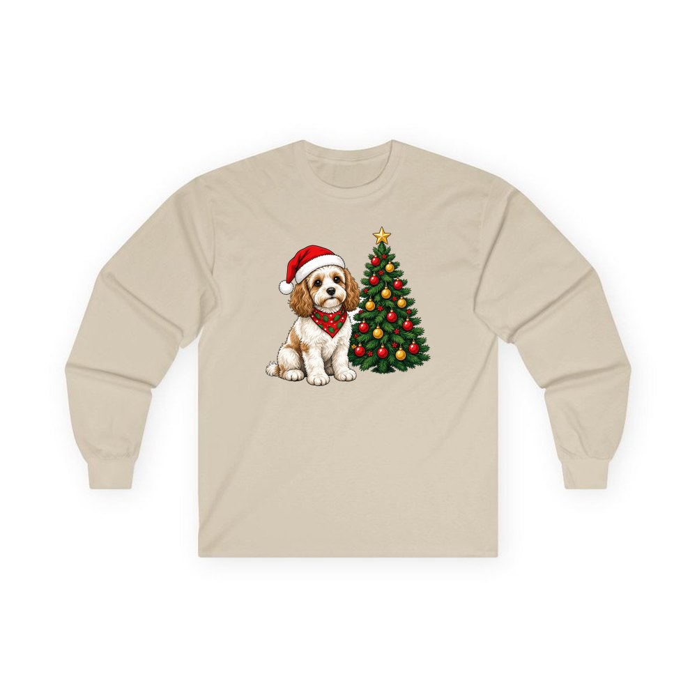 Cavoodle personalised long sleeve Christmas T-shirt in sand