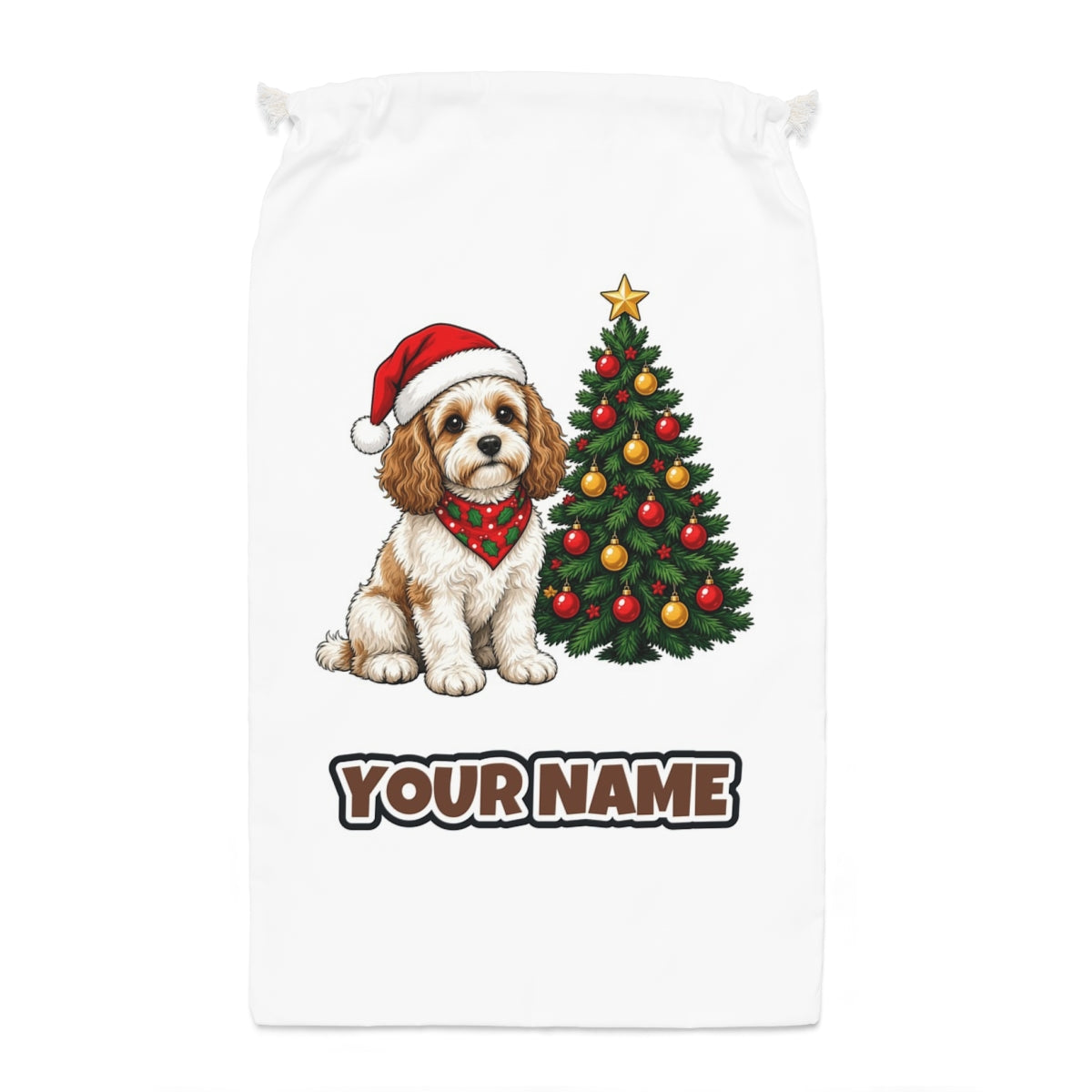 Cavoodle Santa sack laid flat, showing the full print