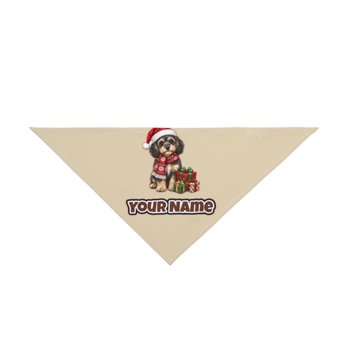 Cavoodle in a Christmas Scarf personalised Christmas pet bandana in beige, tie-on style