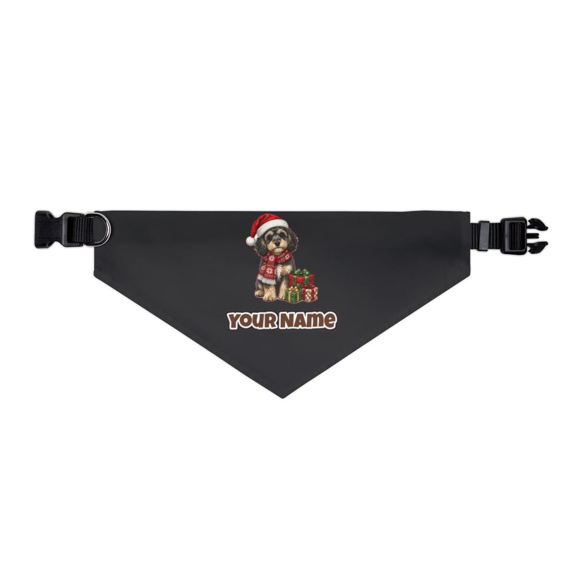 Cavoodle in a Christmas Scarf personalised Christmas pet bandana in black, collar with buckle