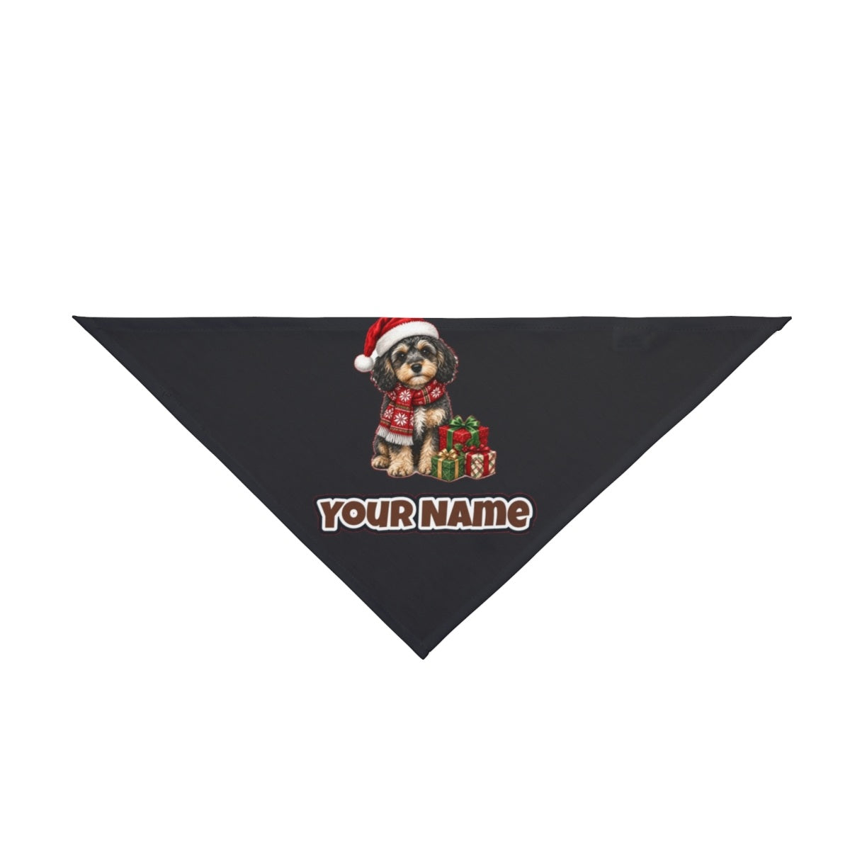 Cavoodle in a Christmas Scarf personalised Christmas pet bandana in black, tie-on style