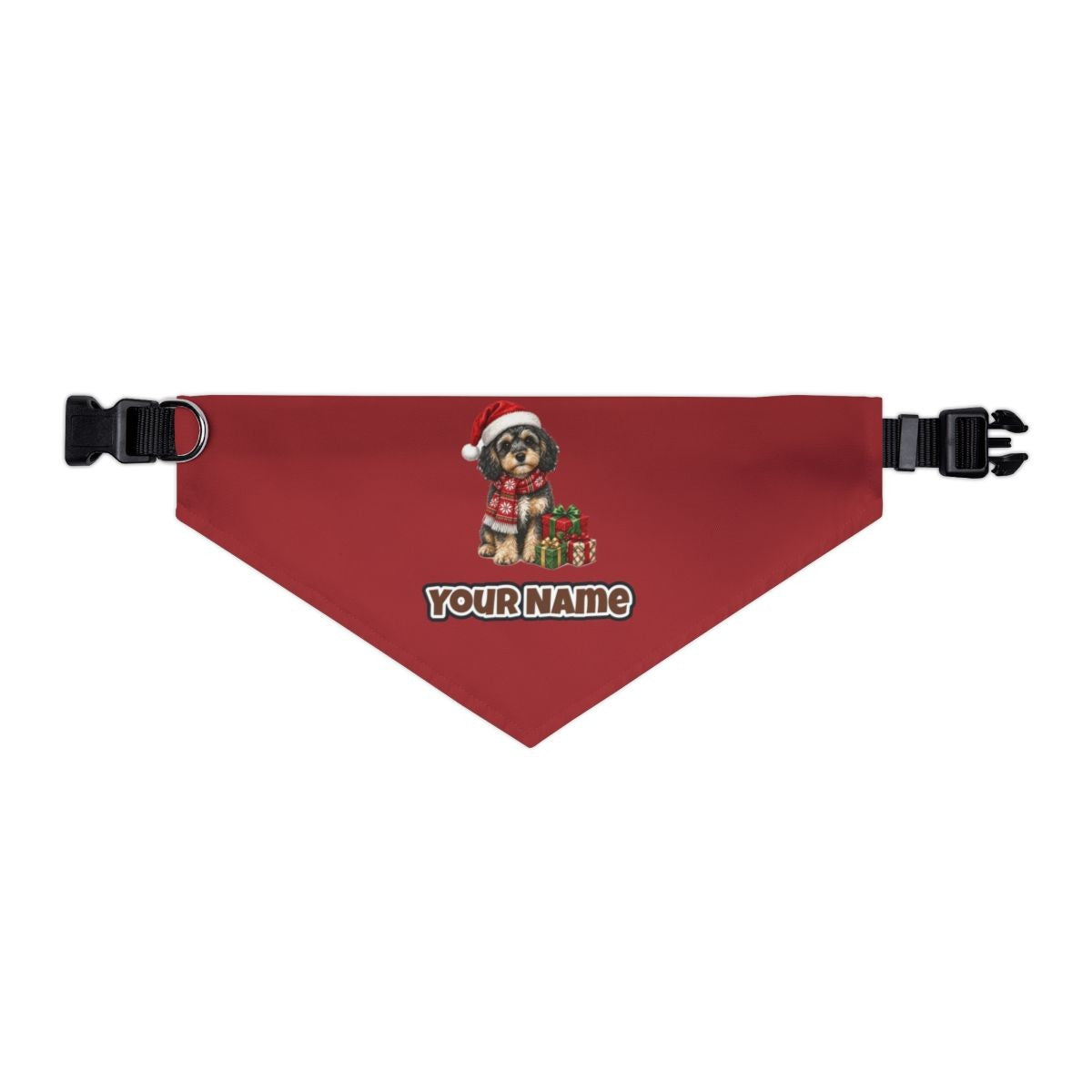 Cavoodle in a Christmas Scarf personalised Christmas pet bandana in red, collar with buckle