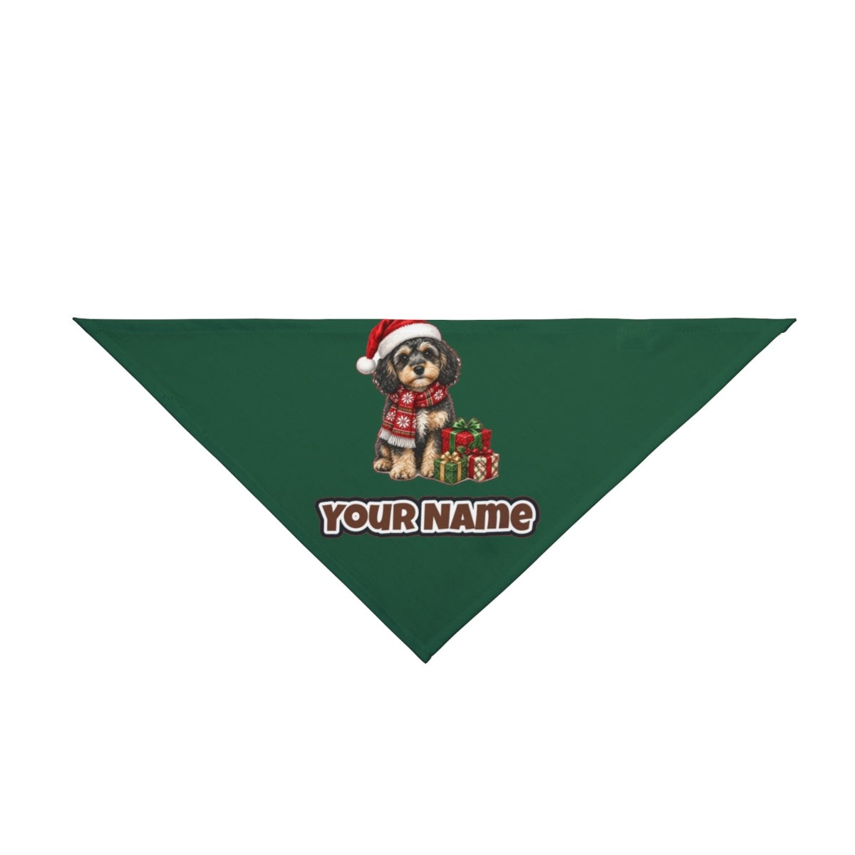 Cavoodle in a Christmas Scarf personalised Christmas pet bandana in green, tie-on style