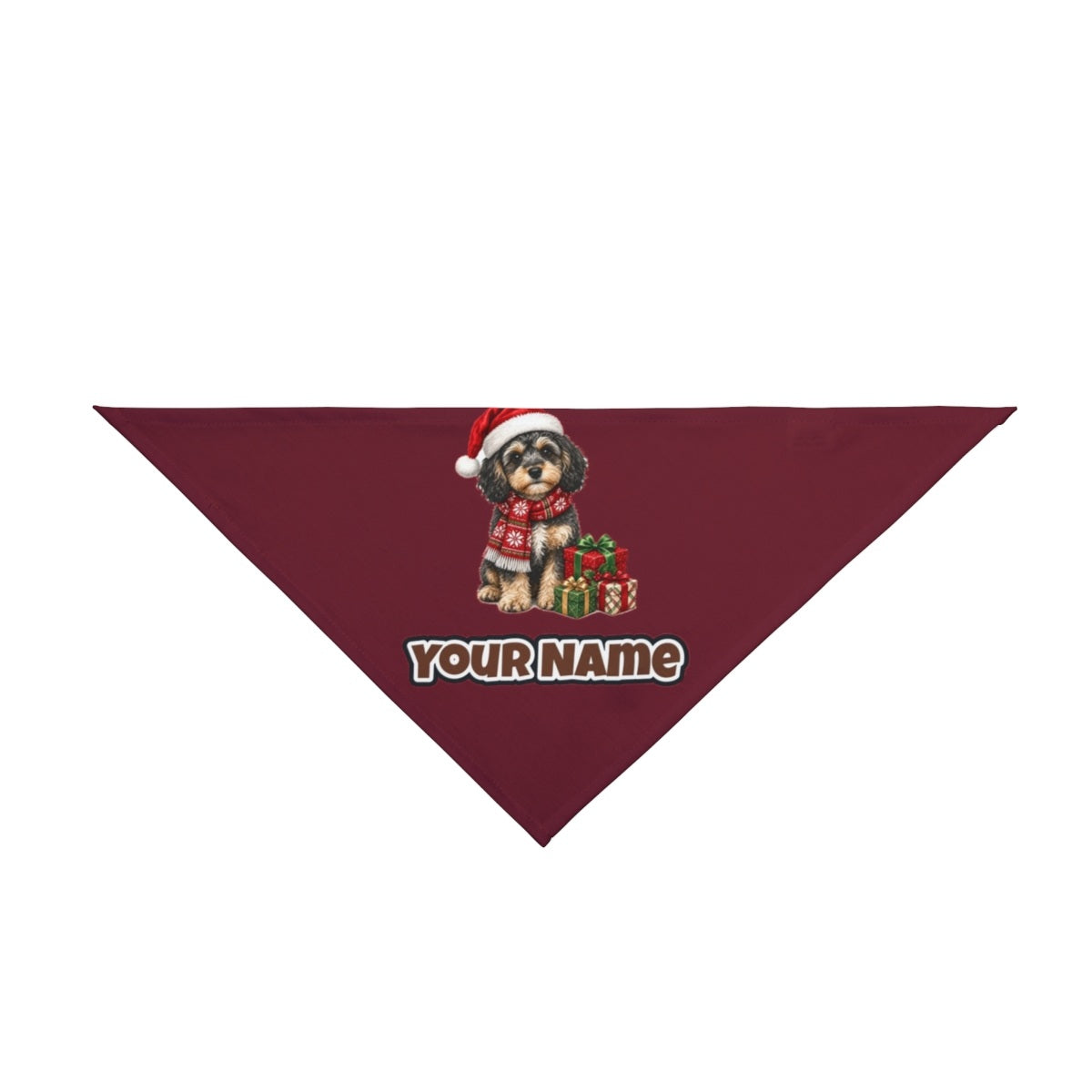 Cavoodle in a Christmas Scarf personalised Christmas pet bandana in maroon, tie-on style