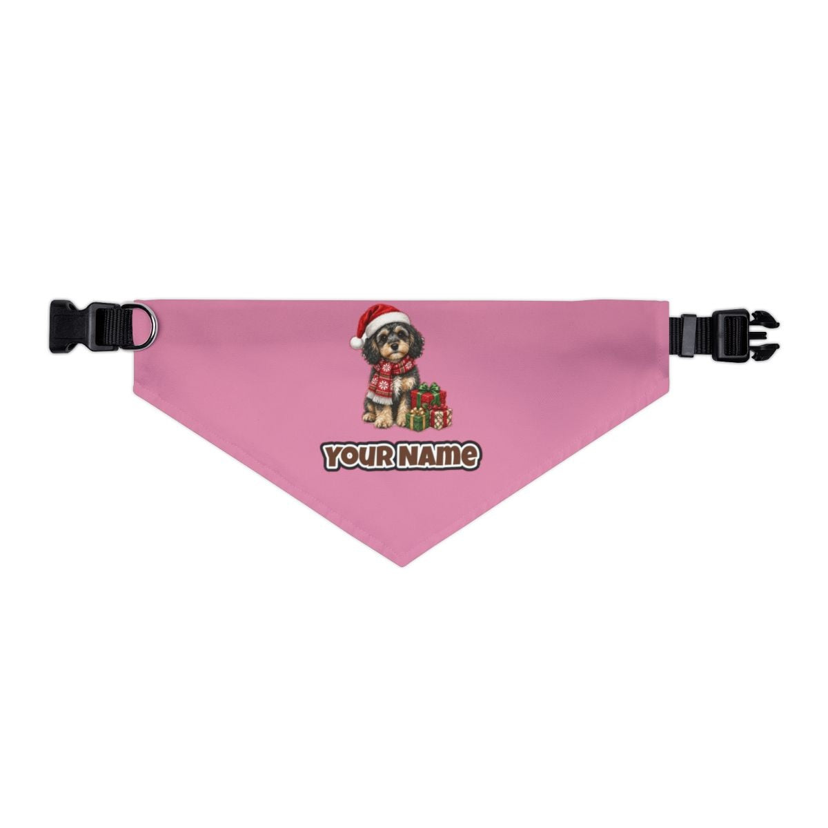 Cavoodle in a Christmas Scarf personalised Christmas pet bandana in pink, collar with buckle