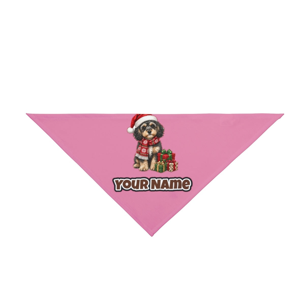 Cavoodle in a Christmas Scarf personalised Christmas pet bandana in pink, tie-on style