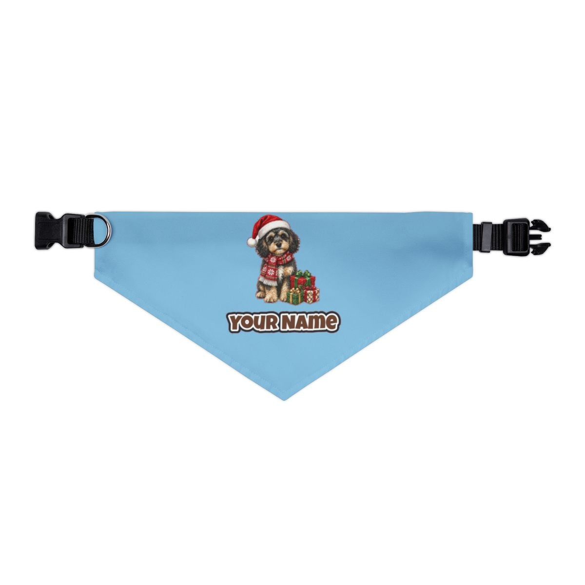 Cavoodle in a Christmas Scarf personalised Christmas pet bandana in sky blue, collar with buckle