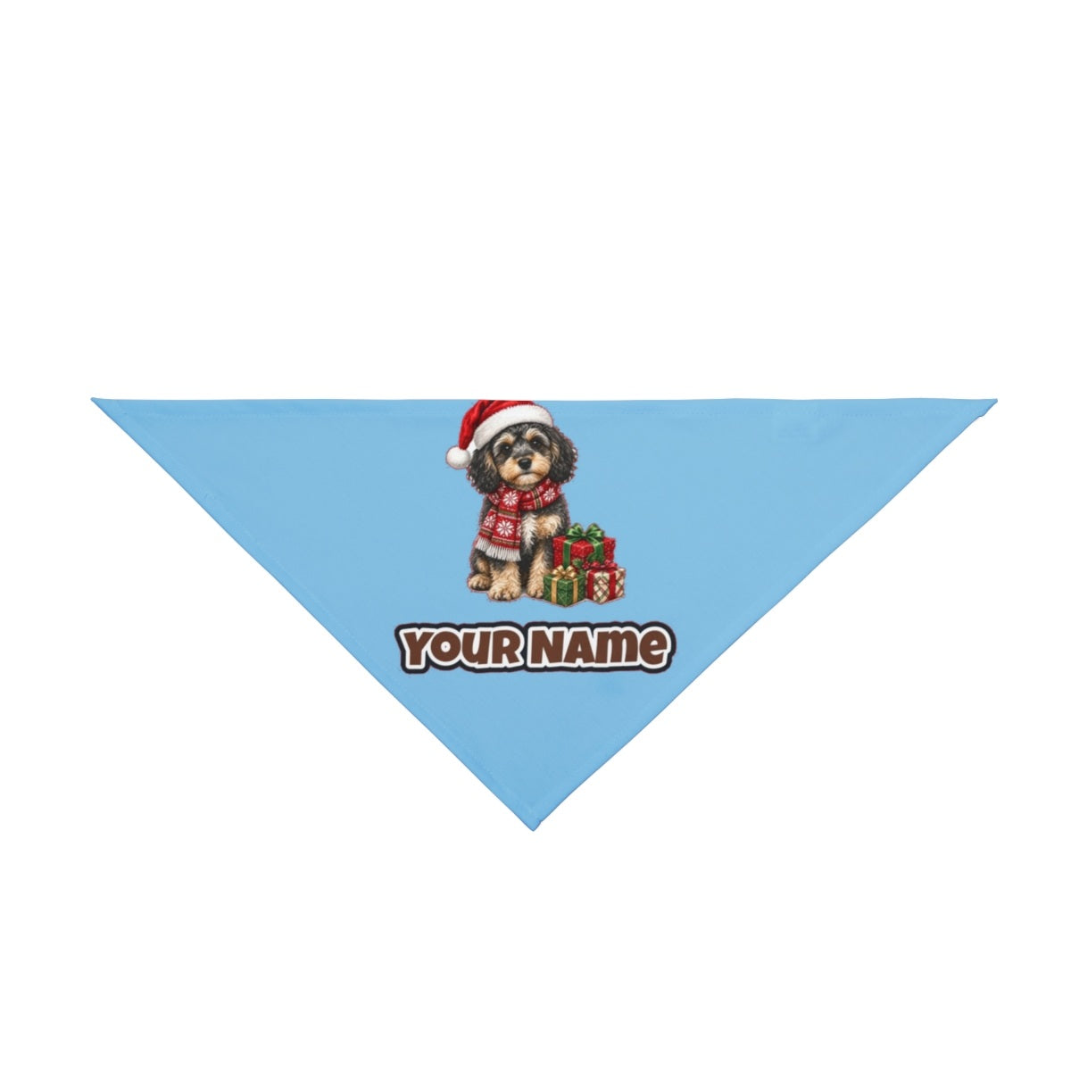 Cavoodle in a Christmas Scarf personalised Christmas pet bandana in sky blue, tie-on style