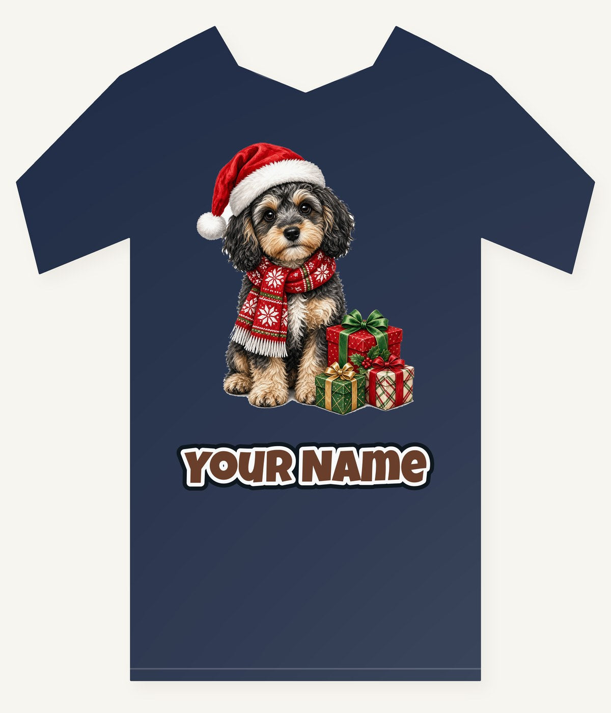 Cavoodle in a Christmas Scarf Personalised Kids Tee and Baby Bodysuit