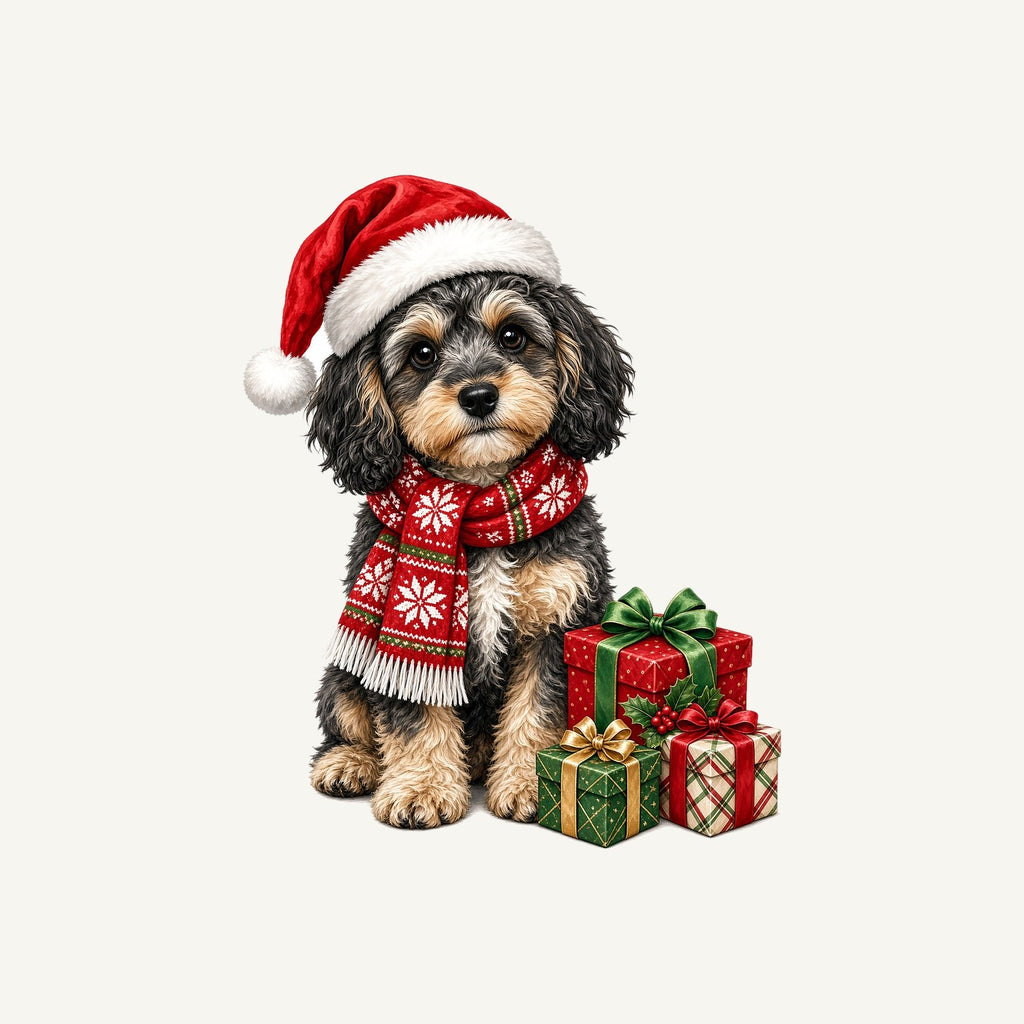 Cavoodle in a Christmas Scarf Personalised Kids Tee and Baby Bodysuit