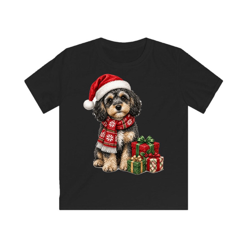 Cavoodle in a Christmas Scarf personalised kids Christmas tee in black