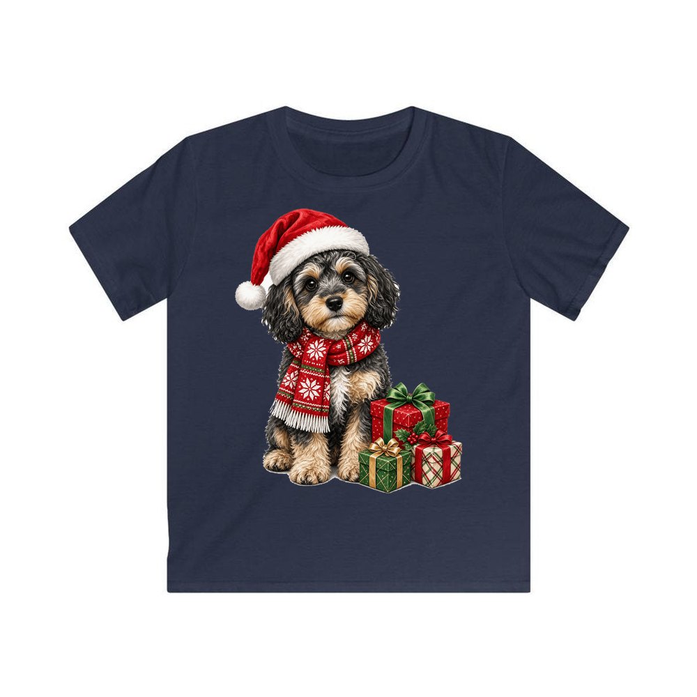 Cavoodle in a Christmas Scarf personalised kids Christmas tee in navy