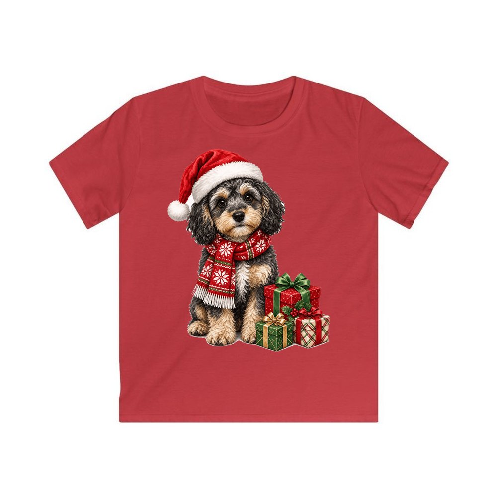 Cavoodle in a Christmas Scarf personalised kids Christmas tee in red