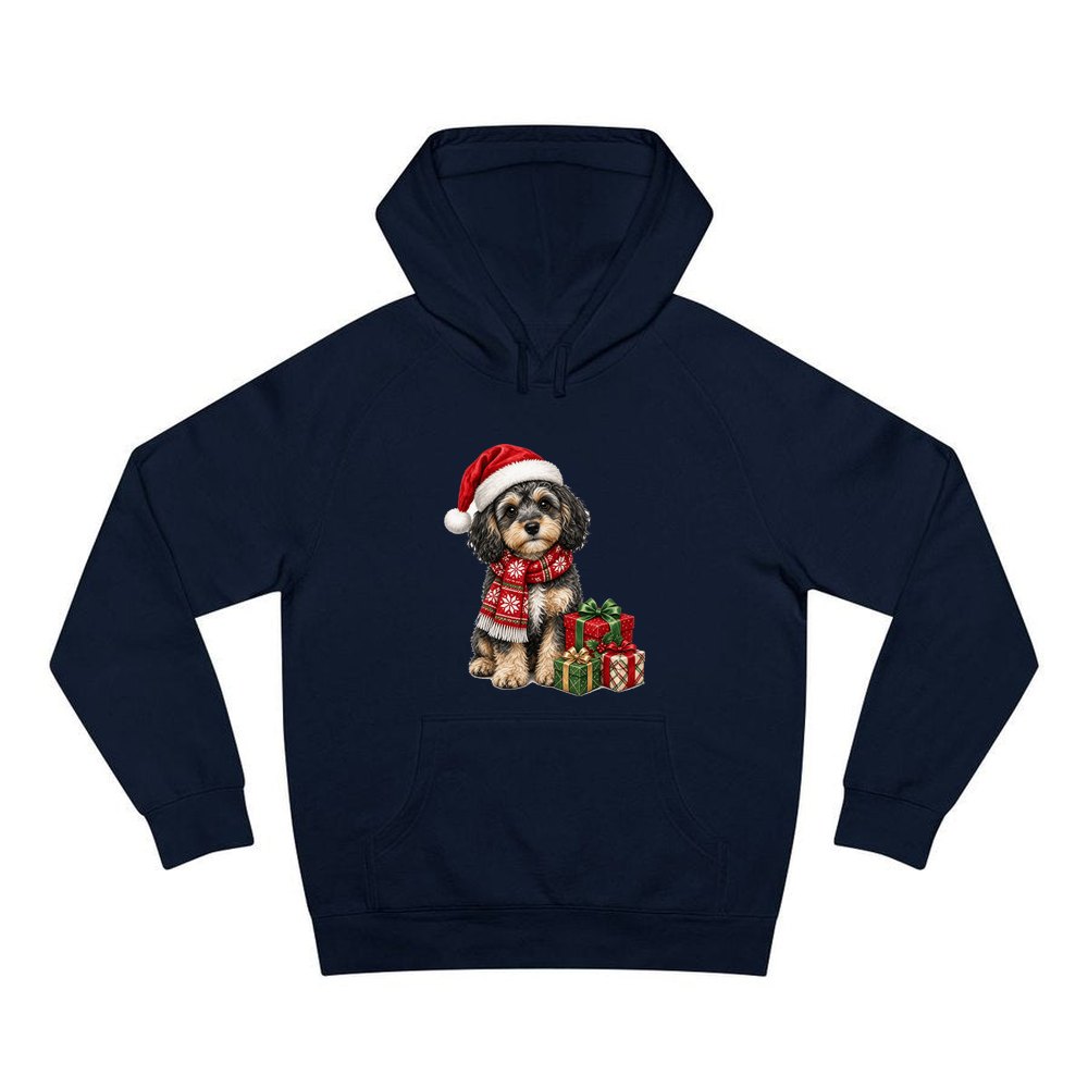 Cavoodle in a Christmas Scarf personalised Christmas hoodie in navy