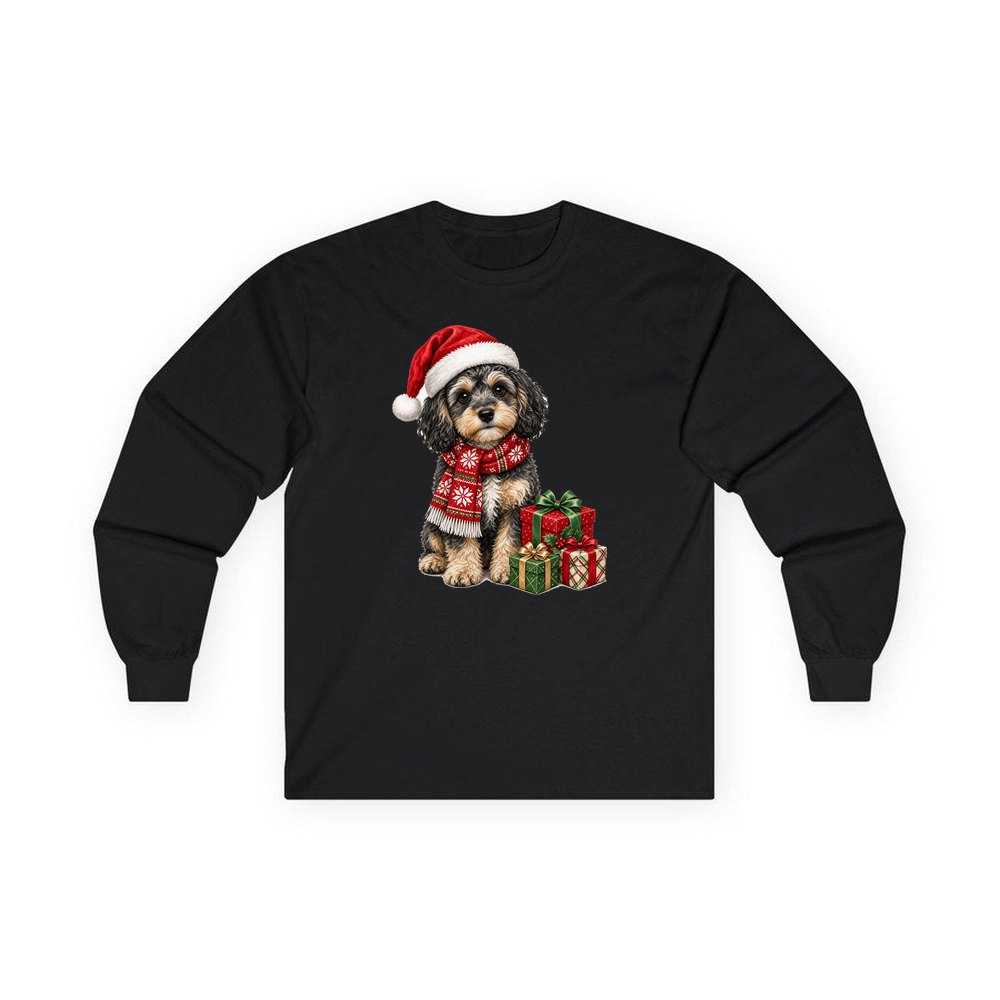 Cavoodle in a Christmas Scarf personalised long sleeve Christmas T-shirt in black
