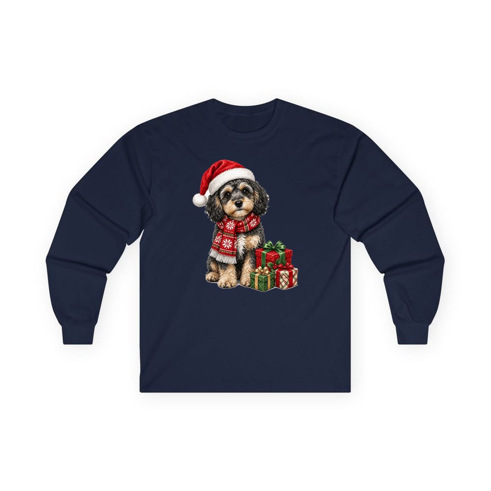 Cavoodle in a Christmas Scarf personalised long sleeve Christmas T-shirt in navy