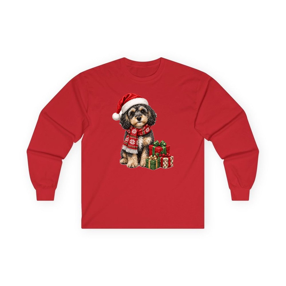 Cavoodle in a Christmas Scarf personalised long sleeve Christmas T-shirt in red