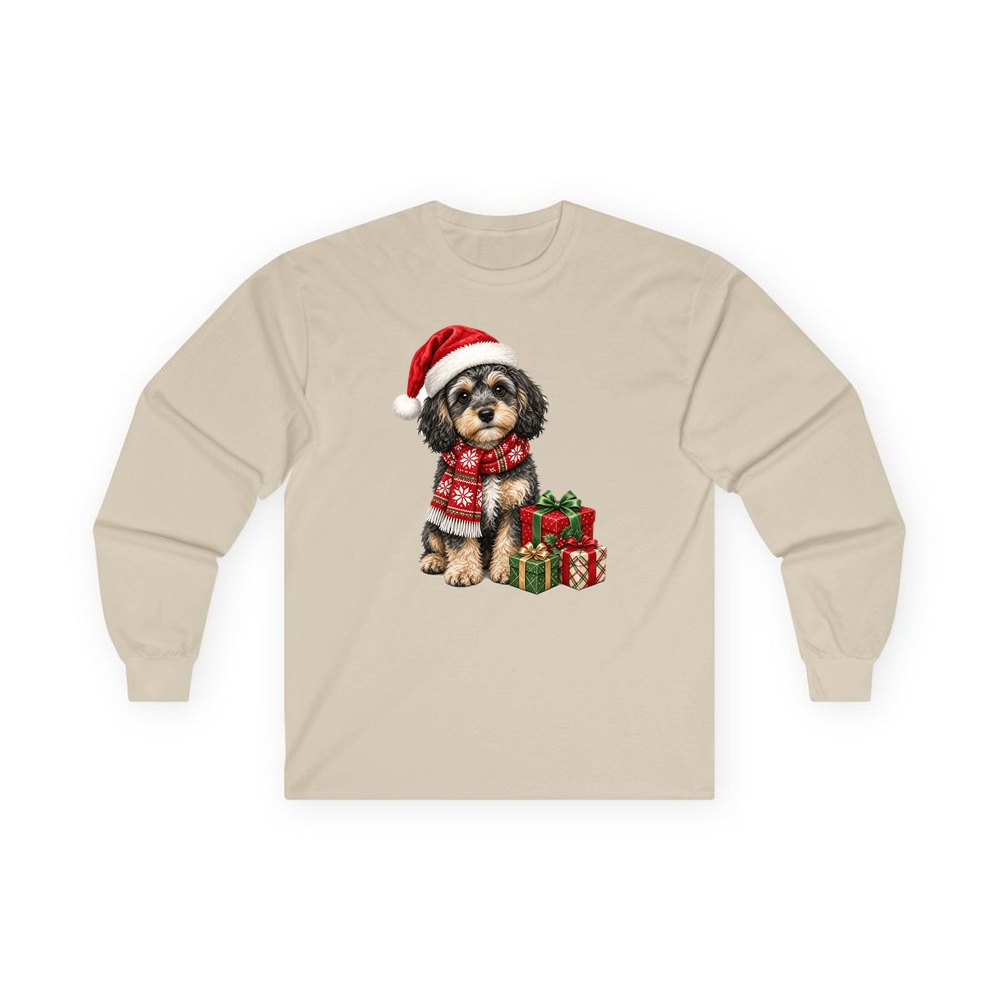 Cavoodle in a Christmas Scarf personalised long sleeve Christmas T-shirt in sand