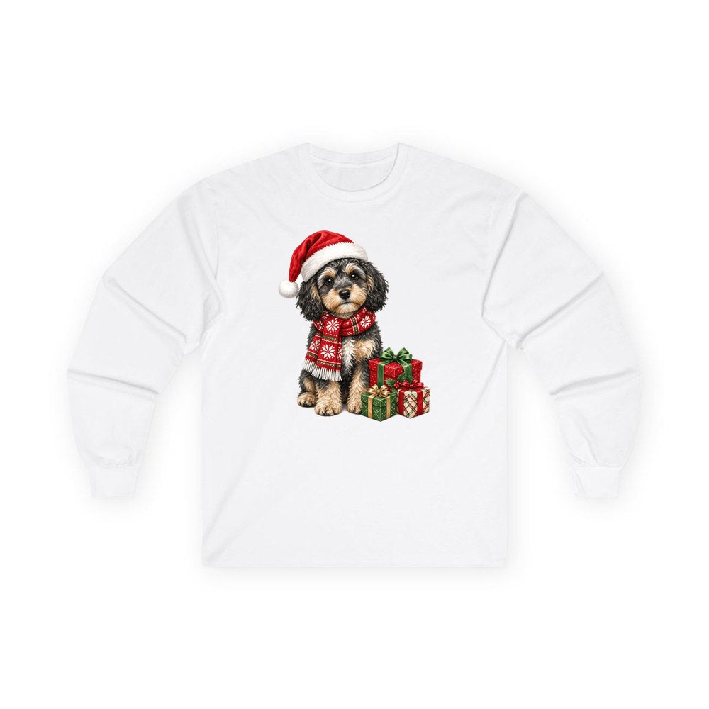 Cavoodle in a Christmas Scarf personalised long sleeve Christmas T-shirt in white