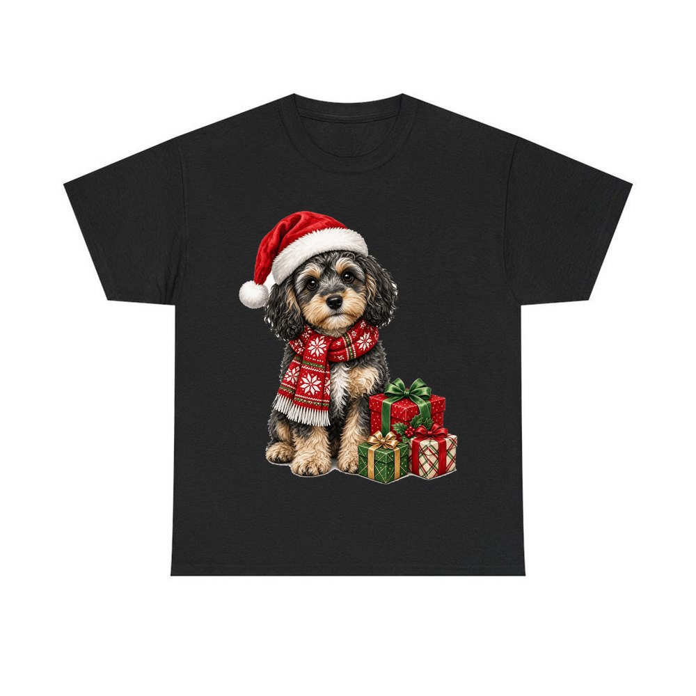 Cavoodle in a Christmas Scarf personalised Christmas T-shirt in black