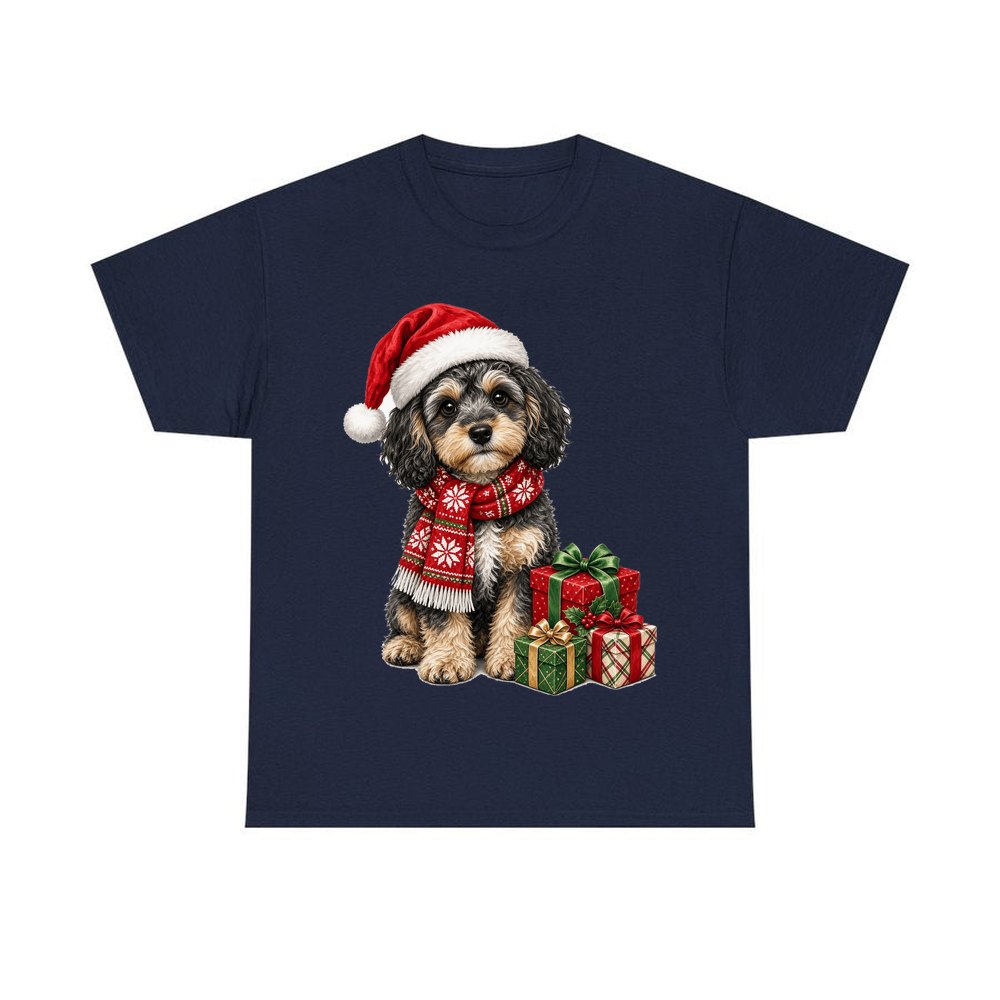 Cavoodle in a Christmas Scarf personalised Christmas T-shirt in navy