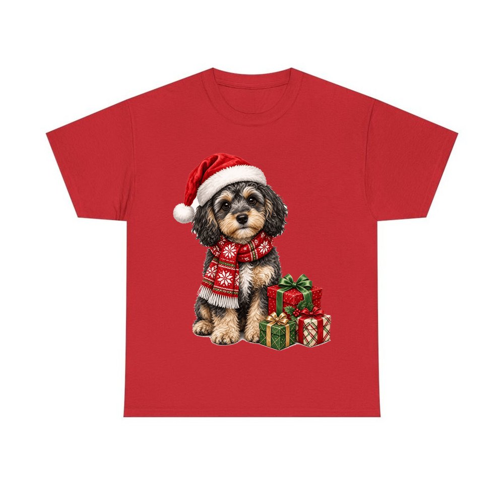 Cavoodle in a Christmas Scarf personalised Christmas T-shirt in red