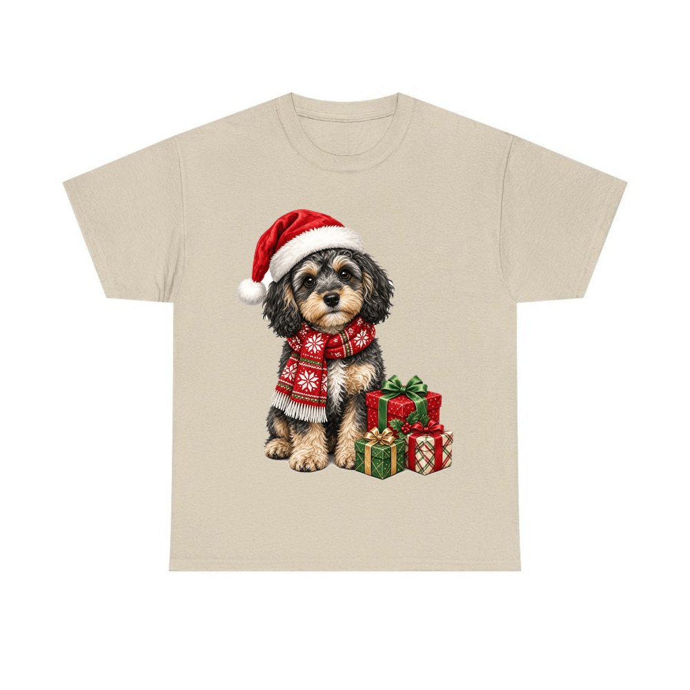 Cavoodle in a Christmas Scarf personalised Christmas T-shirt in sand