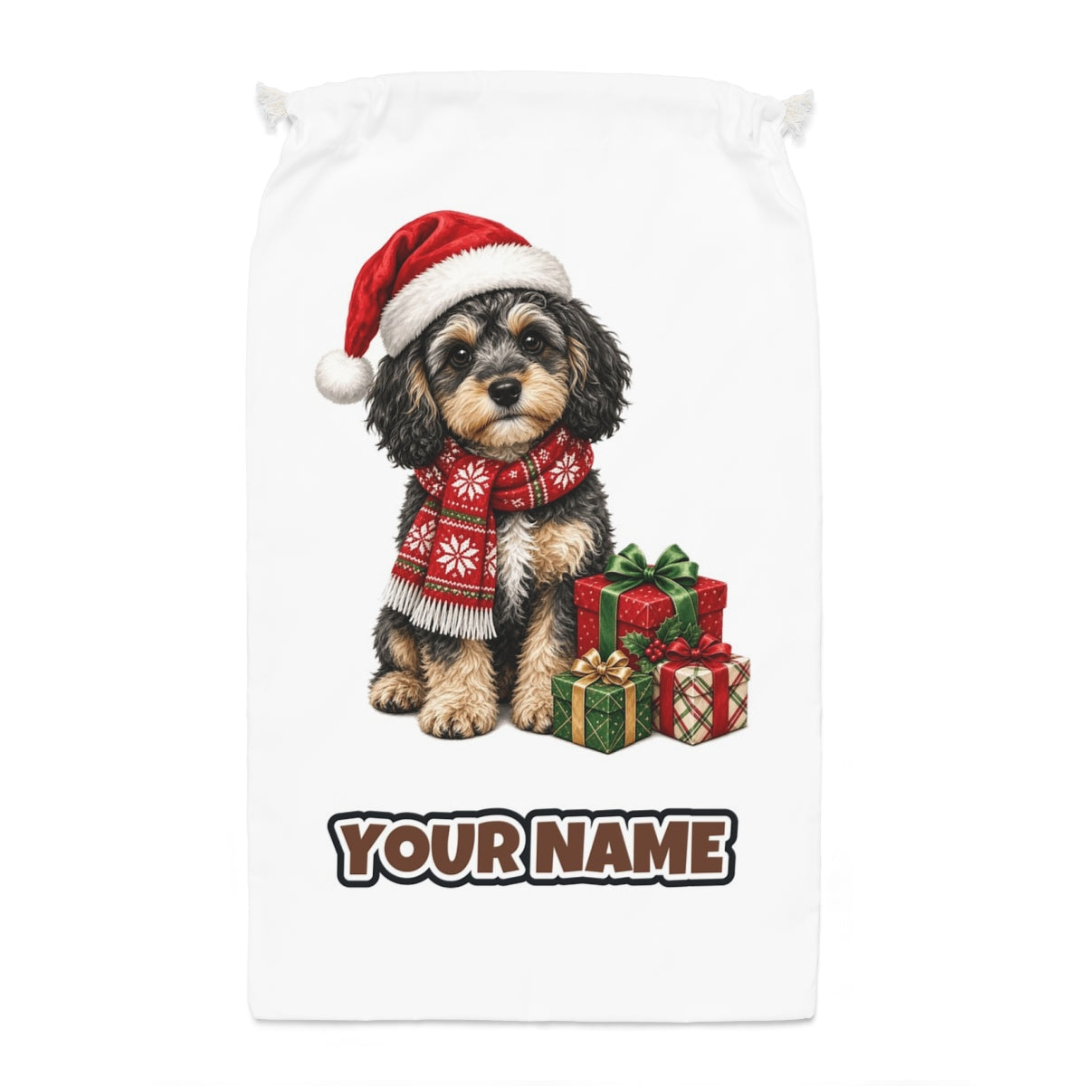 Cavoodle in a Christmas Scarf Santa sack laid flat, showing the full print