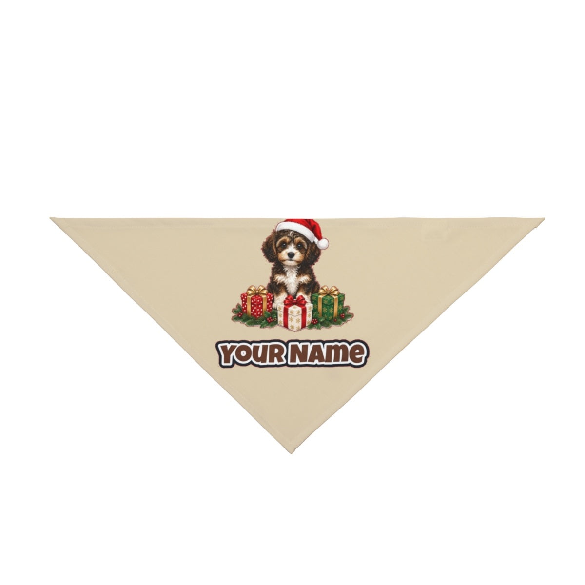 Cavoodle Puppy with Presents personalised Christmas pet bandana in beige, tie-on style
