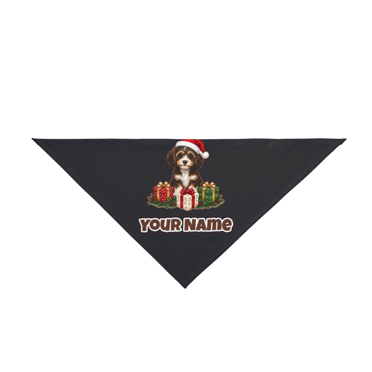 Cavoodle Puppy with Presents personalised Christmas pet bandana in black, tie-on style