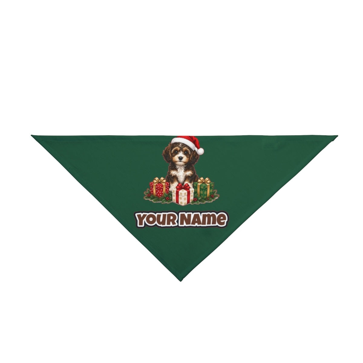 Cavoodle Puppy with Presents personalised Christmas pet bandana in green, tie-on style