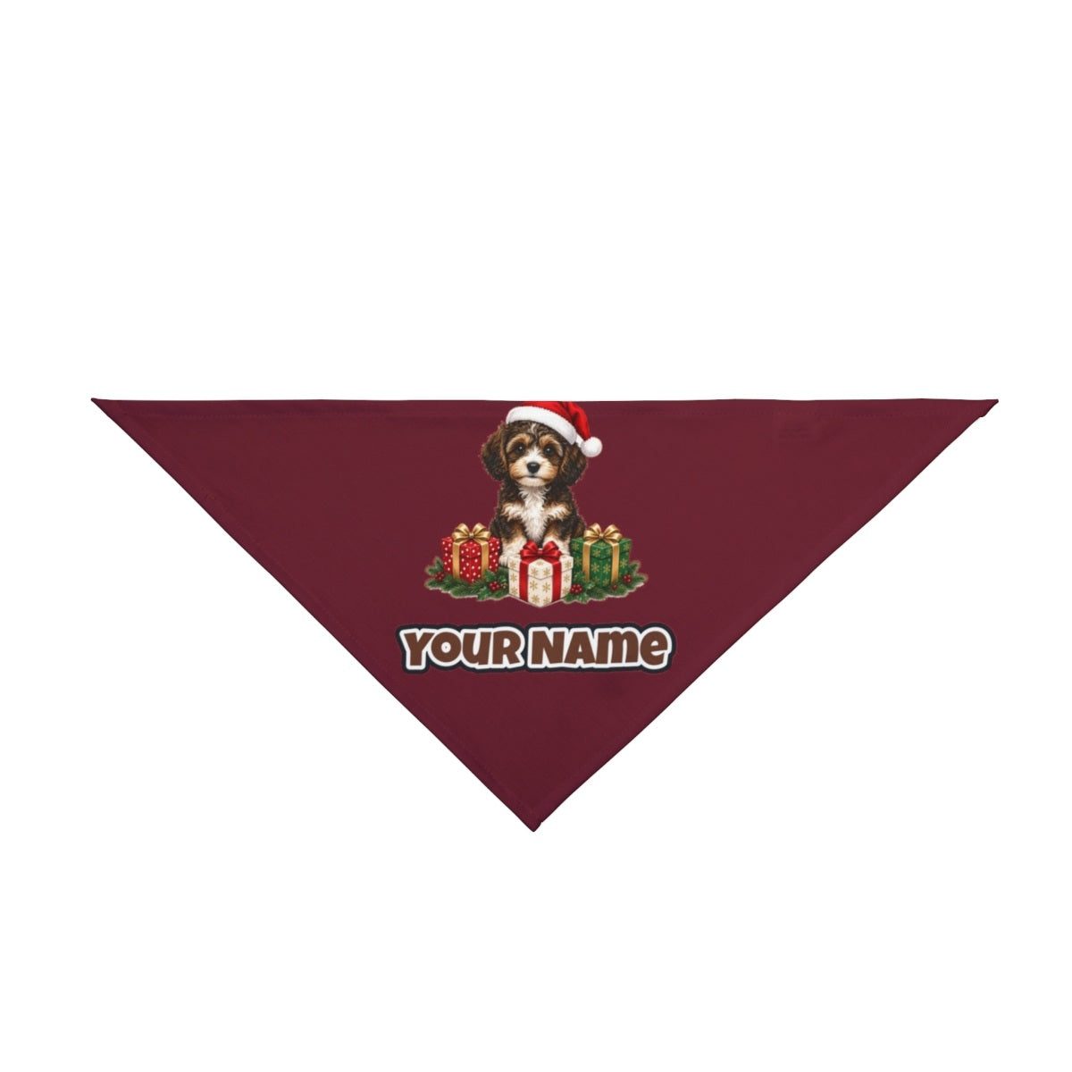 Cavoodle Puppy with Presents personalised Christmas pet bandana in maroon, tie-on style