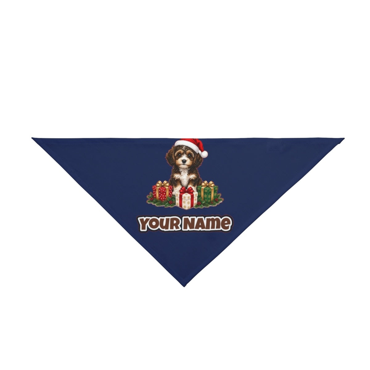 Cavoodle Puppy with Presents personalised Christmas pet bandana in navy, tie-on style