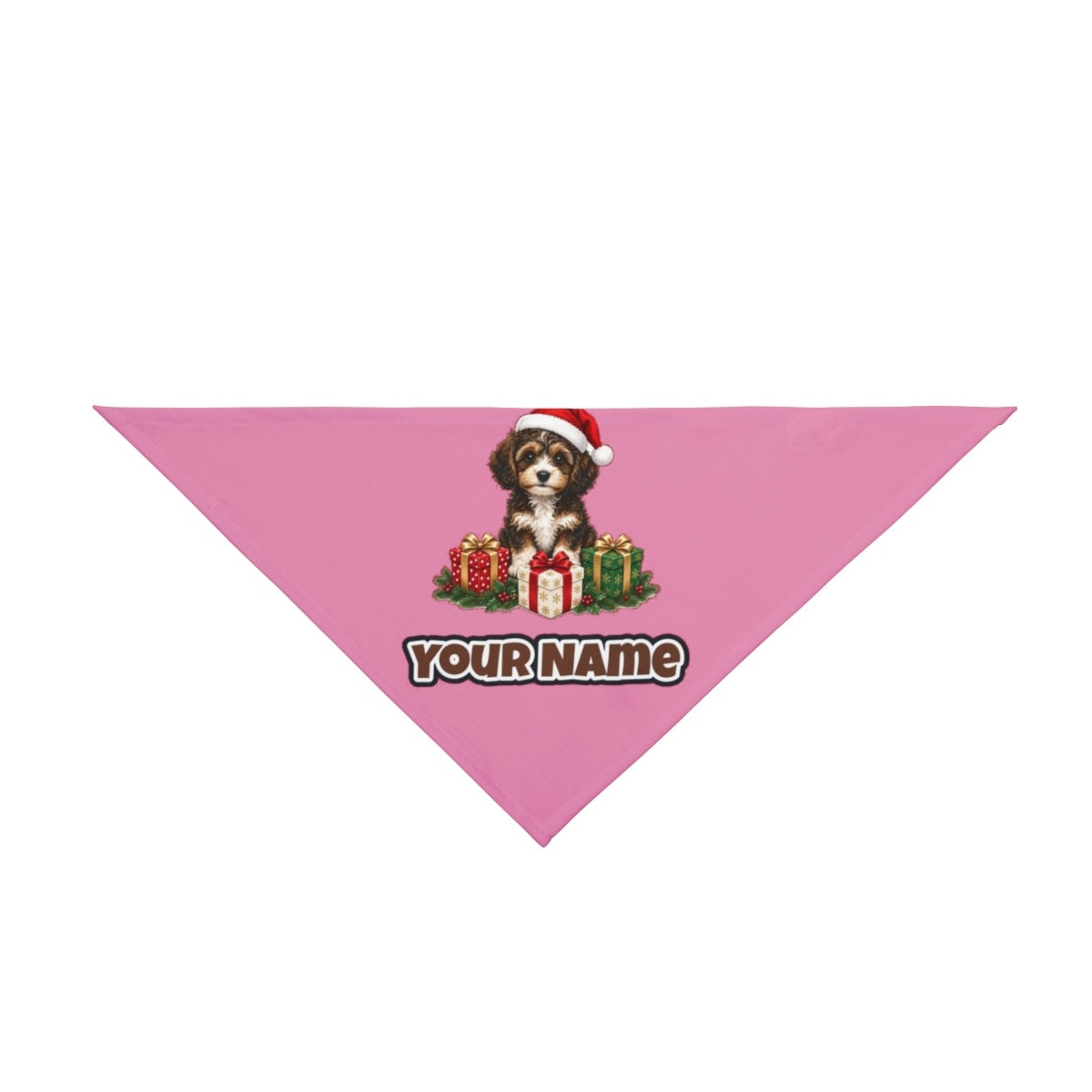 Cavoodle Puppy with Presents personalised Christmas pet bandana in pink, tie-on style