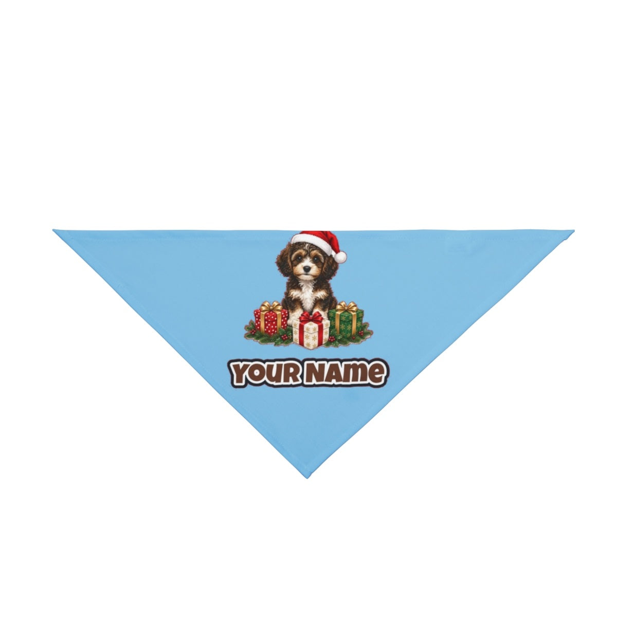 Cavoodle Puppy with Presents personalised Christmas pet bandana in sky blue, tie-on style