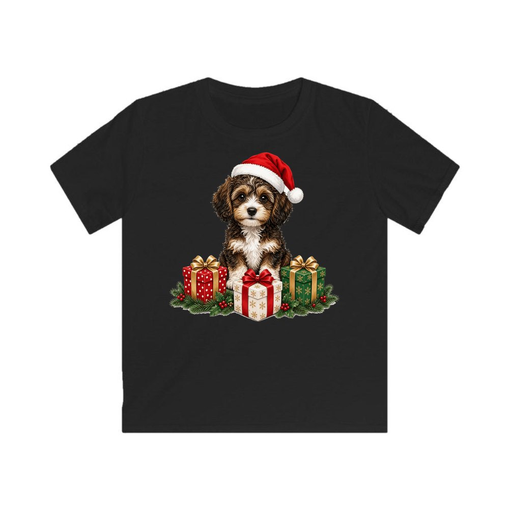 Cavoodle Puppy with Presents personalised kids Christmas tee in black