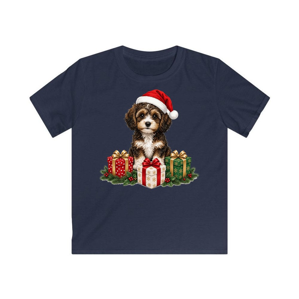 Cavoodle Puppy with Presents personalised kids Christmas tee in navy