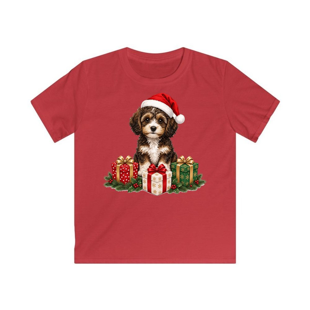 Cavoodle Puppy with Presents personalised kids Christmas tee in red