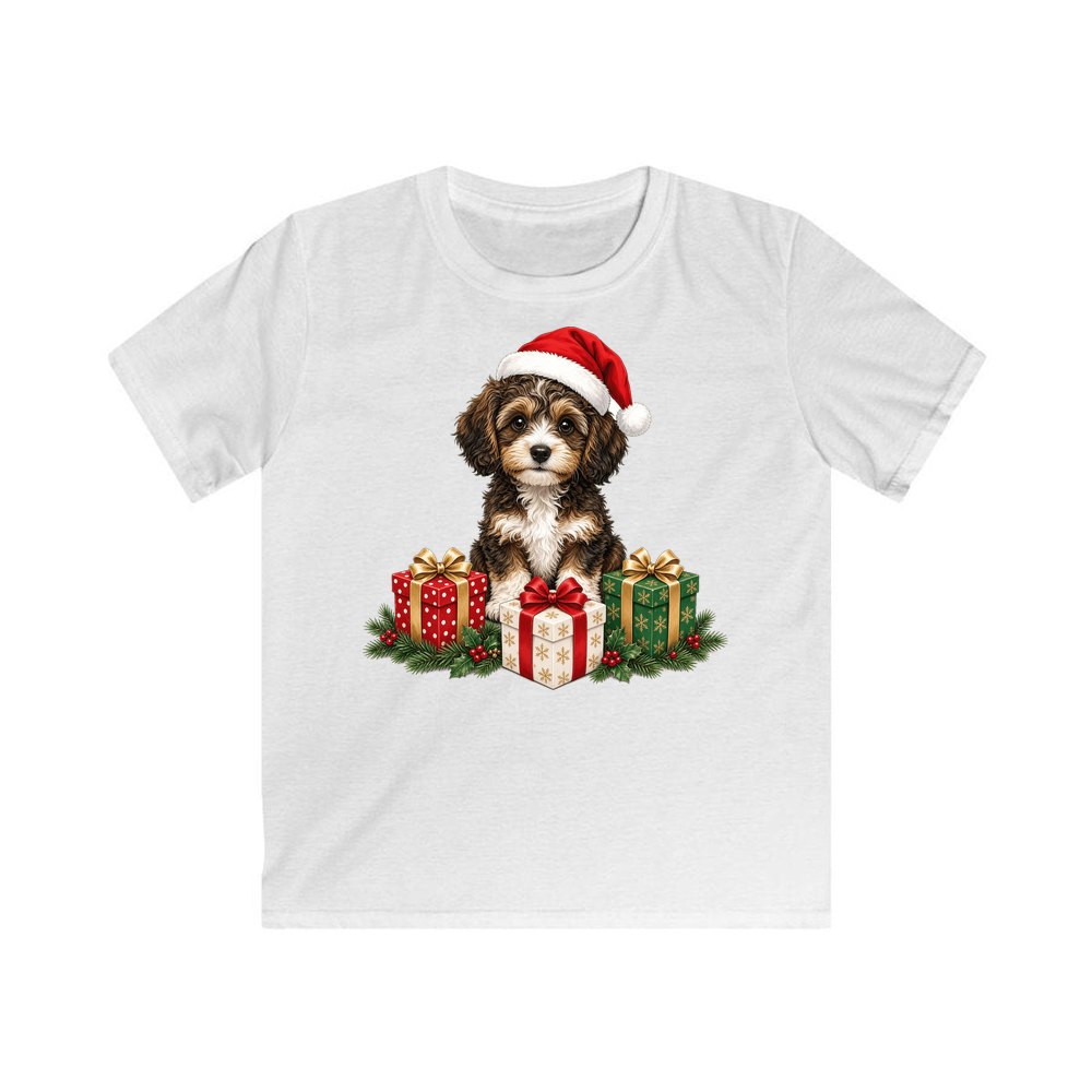 Cavoodle Puppy with Presents personalised kids Christmas tee in white