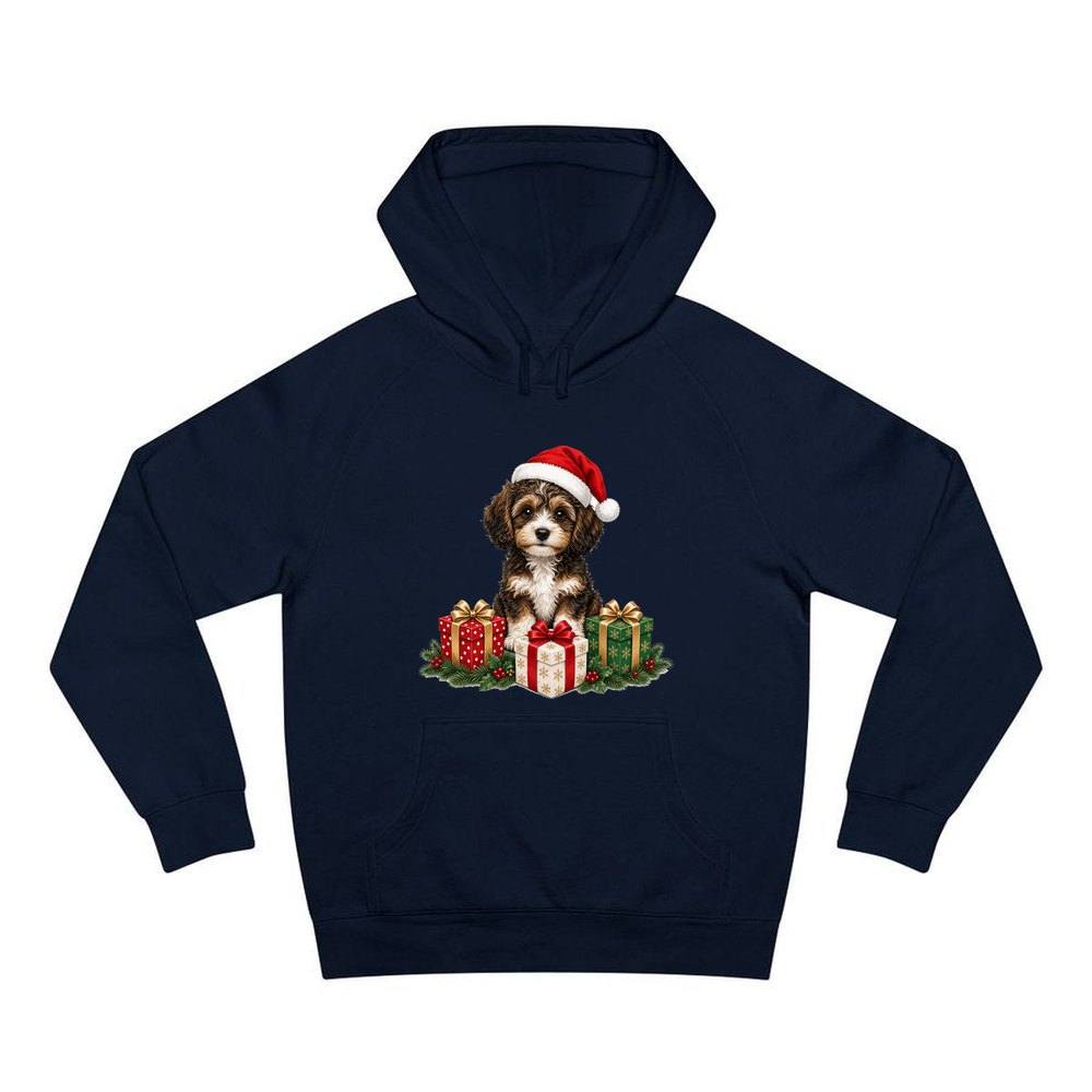 Cavoodle Puppy with Presents personalised Christmas hoodie in navy