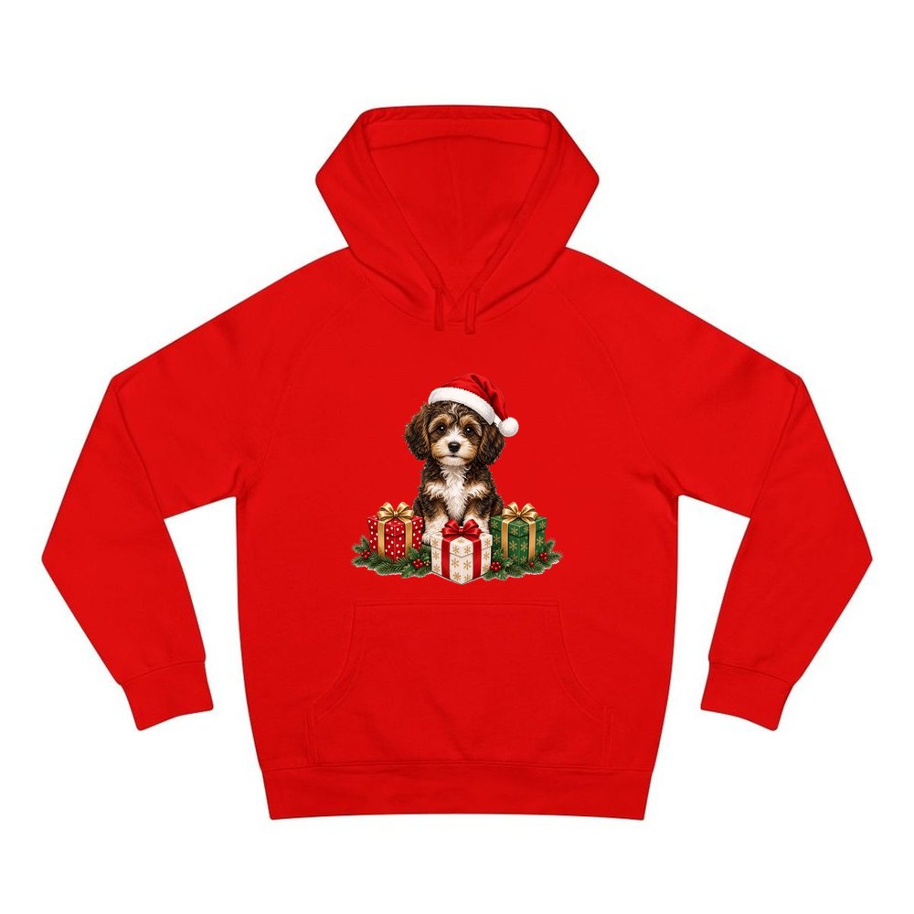 Cavoodle Puppy with Presents personalised Christmas hoodie in red