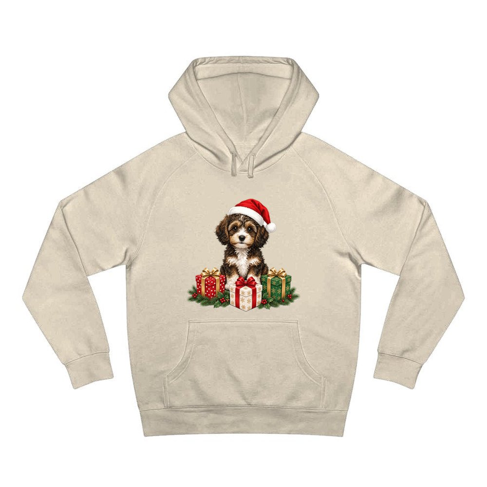 Cavoodle Puppy with Presents personalised Christmas hoodie in sand