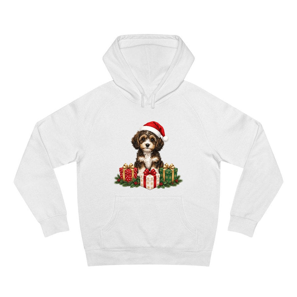 Cavoodle Puppy with Presents personalised Christmas hoodie in white